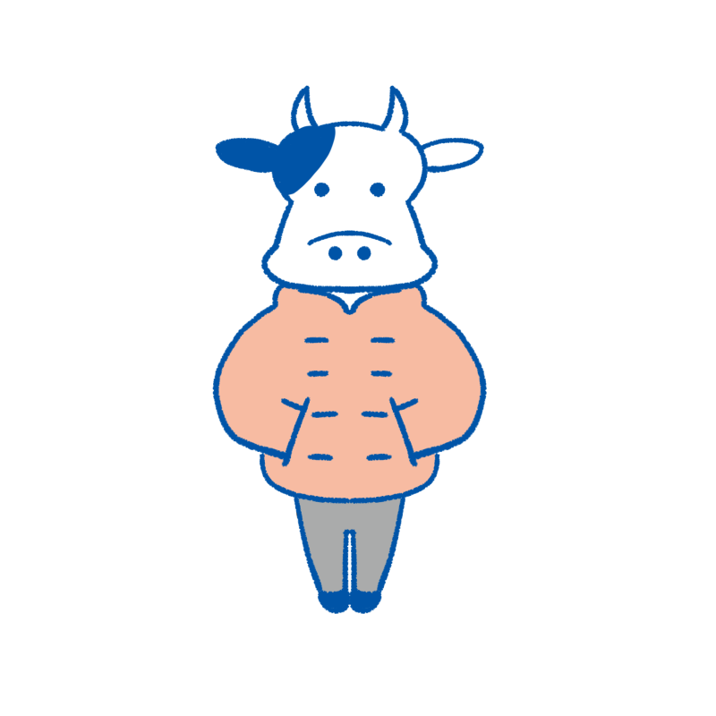 ピンクのダウンジャケットを着た牛のイラスト