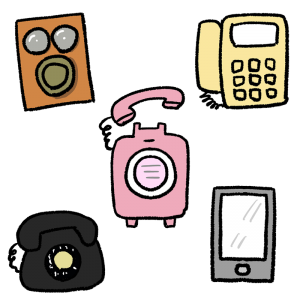 いろいろな電話器(磁石式電話器・固定電話・ピンク電話・公衆電話・黒電話・スマートフォン)のイラスト