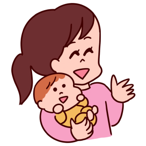 赤ちゃんを抱っこしたお母さんが笑顔でおしゃべりしているイラスト