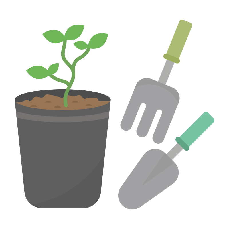 苗木とガーデンスコップとフォークのイラスト Onwaイラスト