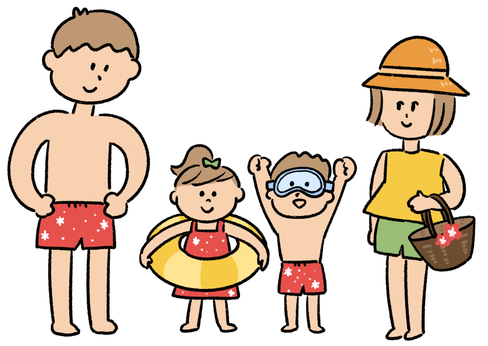 海水浴にきた4人家族のイラスト