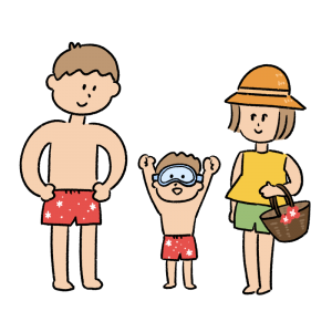 海水浴にきた男の子がいる3人家族のイラスト