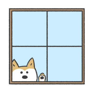 窓から外を覗き込んでいる柴犬のイラスト