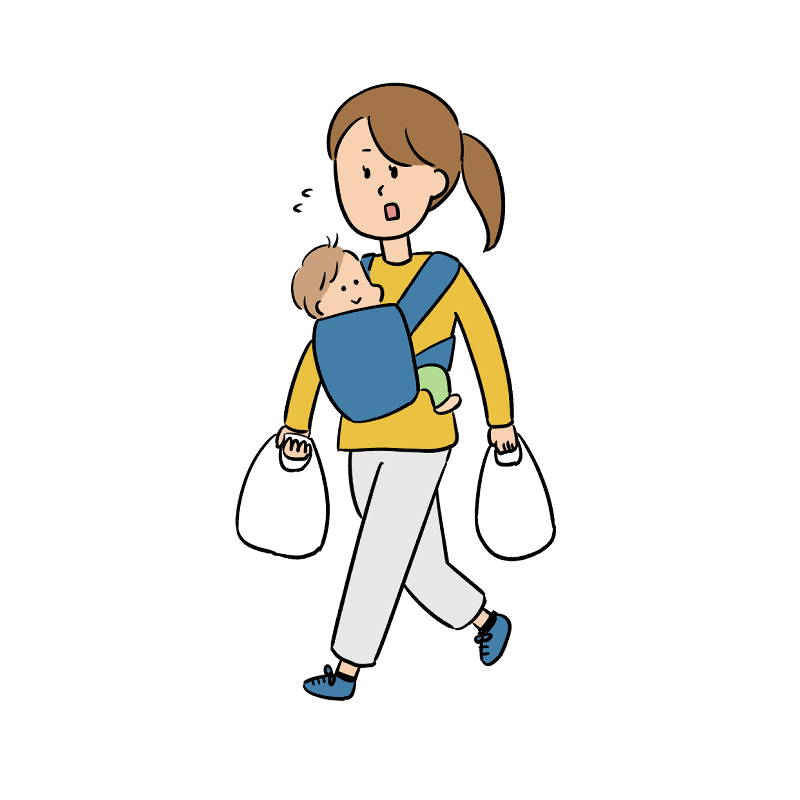赤ちゃんを連れて買い物袋を持っているお母さんのイラスト