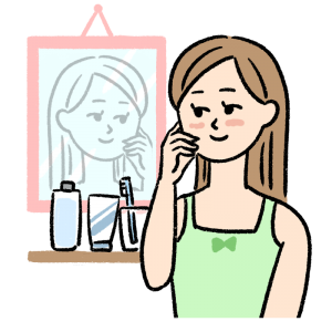 鏡の前でお肌のチェックをする女性のイラスト