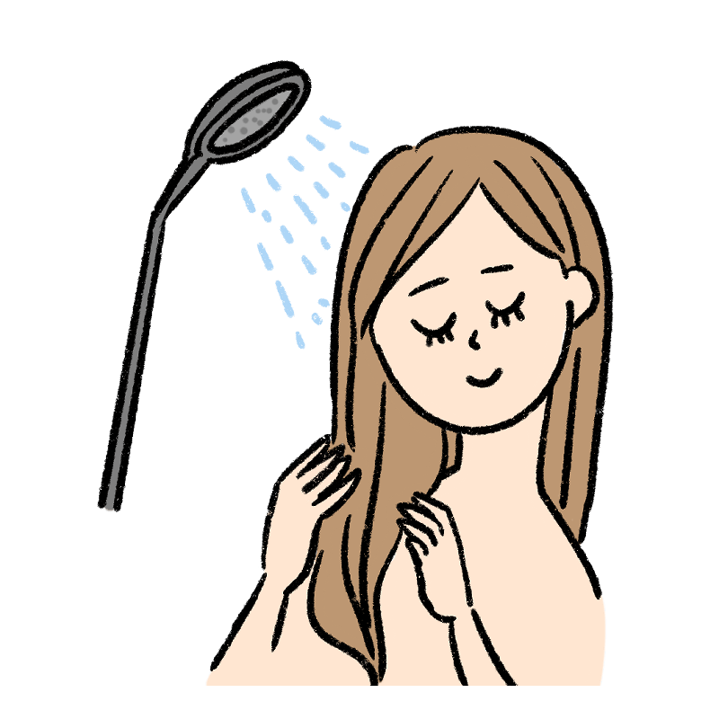 お風呂で髪の毛にシャワーする女性のイラスト