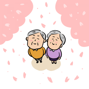 満開の桜を見上げる老夫婦のイラスト