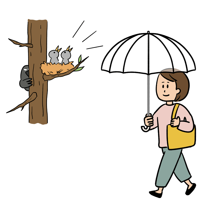 傘をさしてカラスから身を守る女性のイラスト