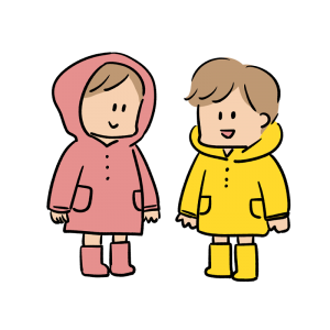 雨具(カッパ)を着た子どもたちのイラスト