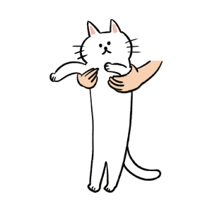 抱っこされて伸びる白ネコのイラスト