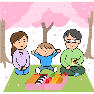 お花見をする親子のイラスト