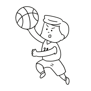 バスケットボールのレイアップシュートをする白黒の男性のイラスト