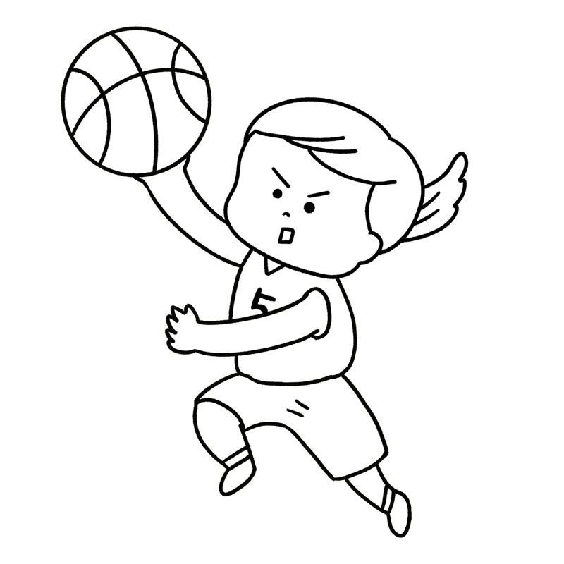 バスケットボールのレイアップシュートをする白黒の女の子のイラスト