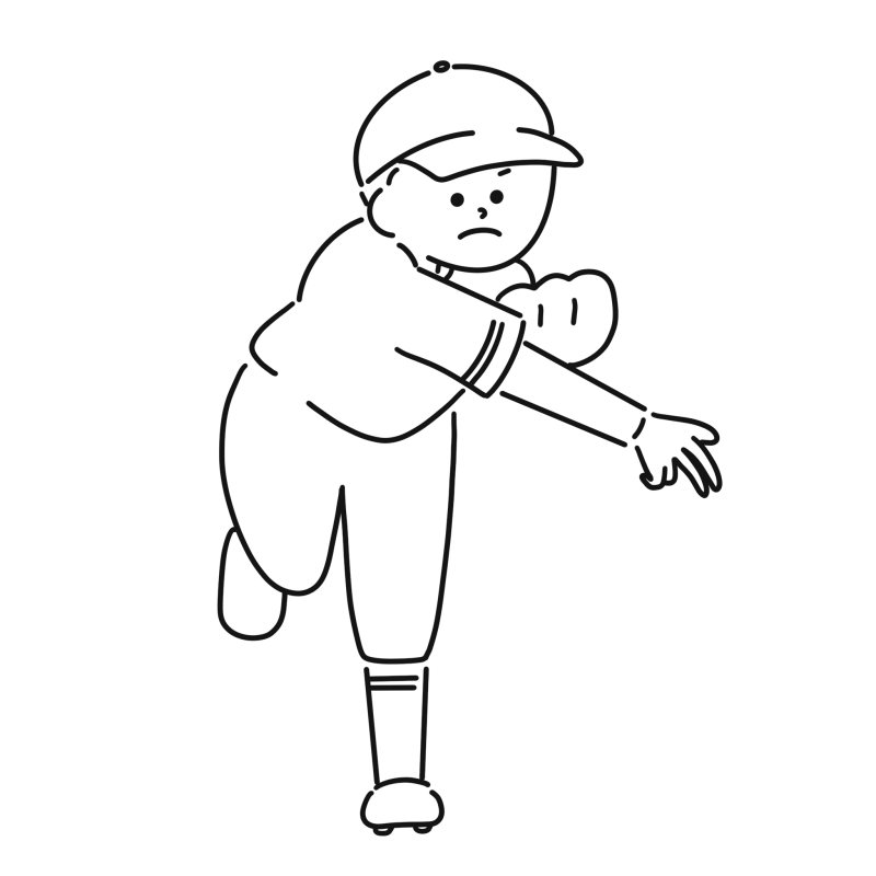 右ピッチャーの白黒のイラスト ONWAイラスト