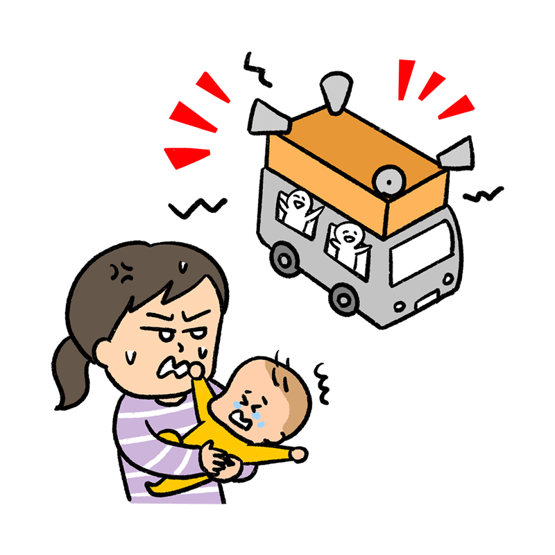 選挙カーのせいで赤ちゃんが目覚めてイライラする親のイラスト
