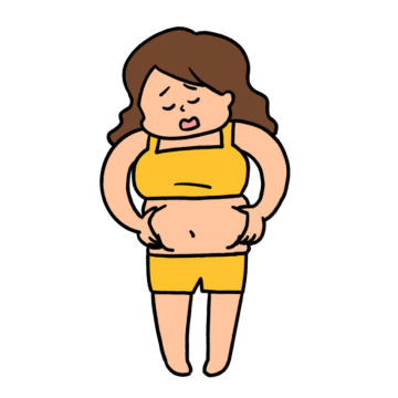 お腹の肉をつかんでショックを受ける女性のイラスト