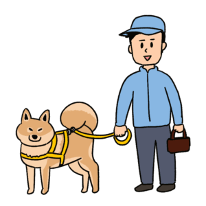 ハーネスを付けた犬を散歩する人のイラスト