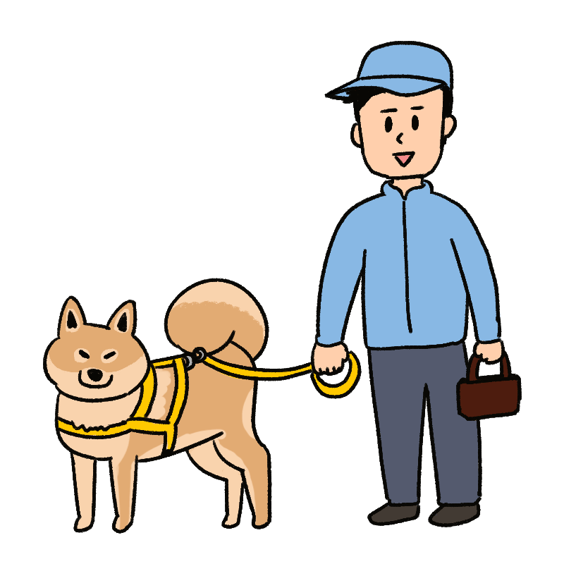 ハーネスを付けた犬を散歩する人のイラスト
